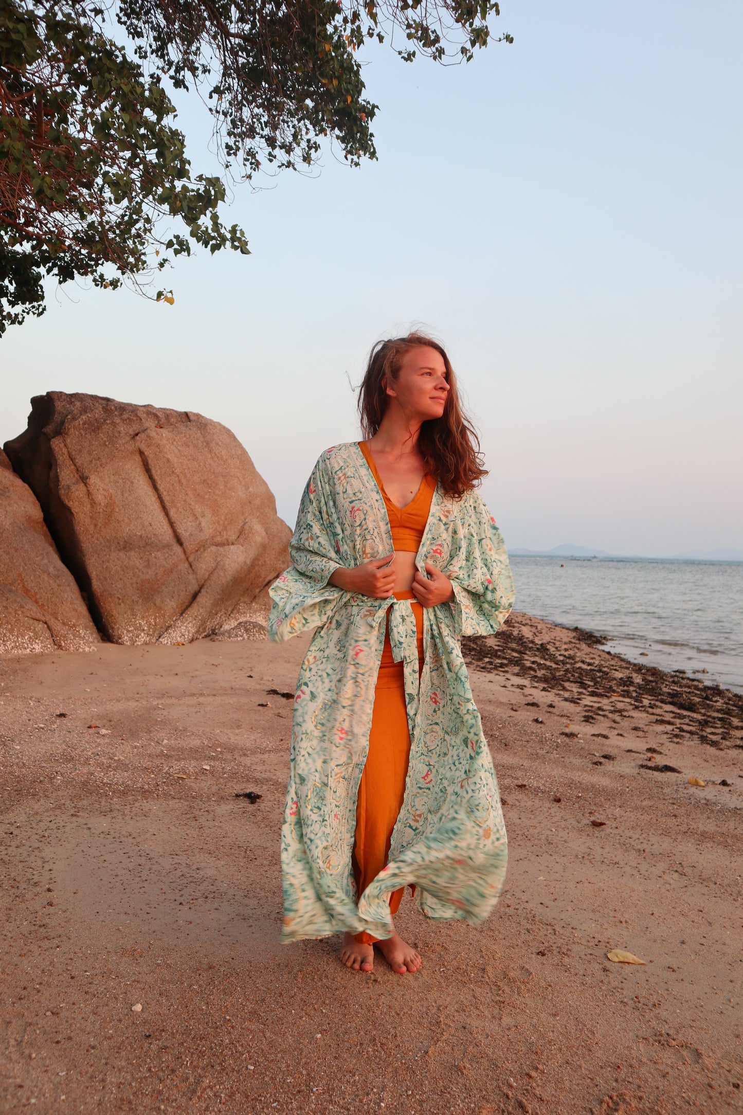 Silk Long Kimono/ Ocean Pearl