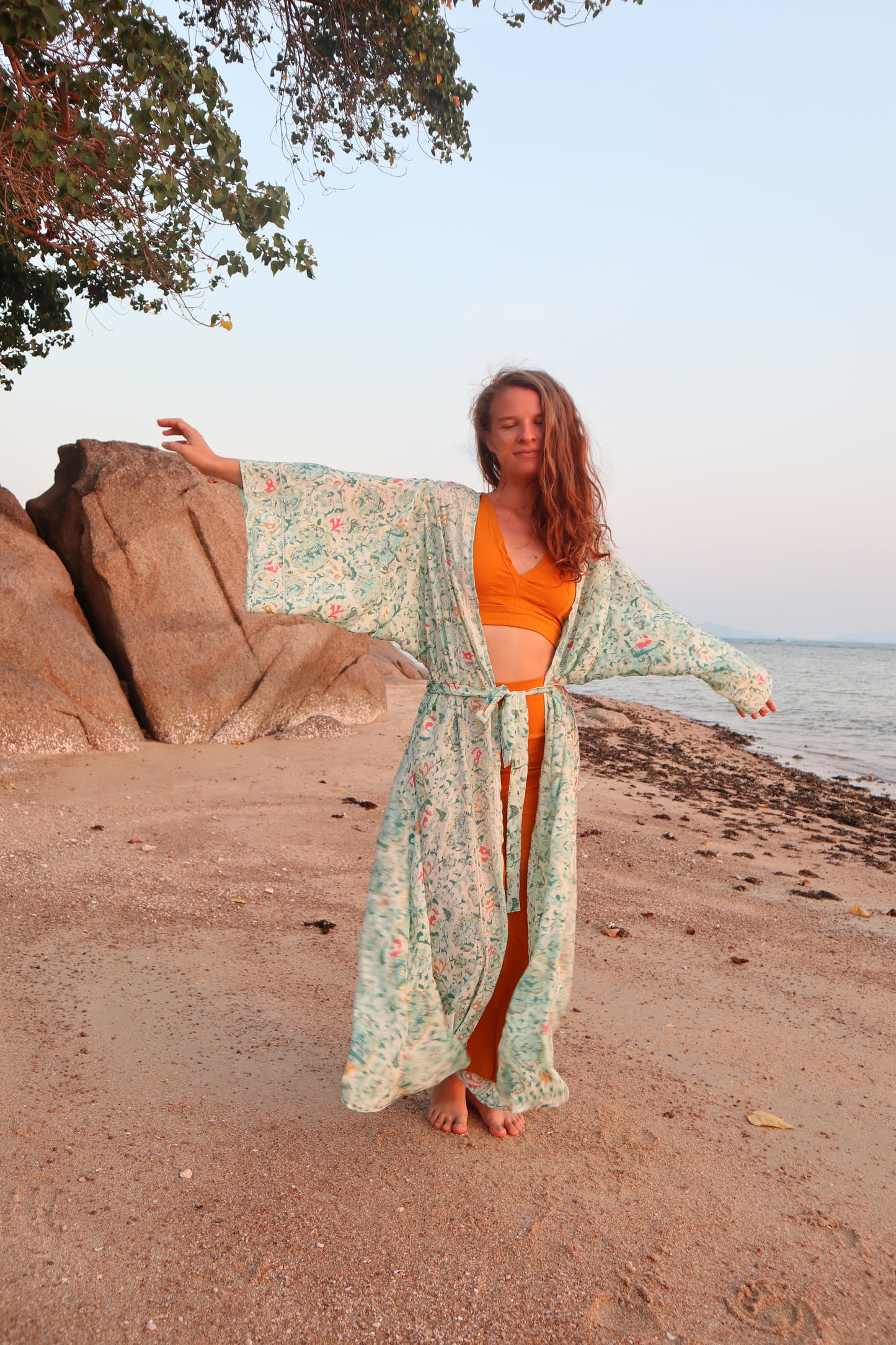 Silk Long Kimono/ Ocean Pearl